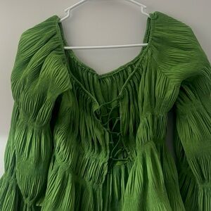 SHEIN Green Ruched Peasant Blouse with Lace-Up Front